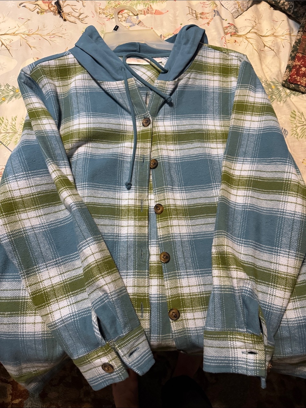 Blue & Green Plaid Hooded Button-Up Shirt Jacket Belle by Kim Gravel
